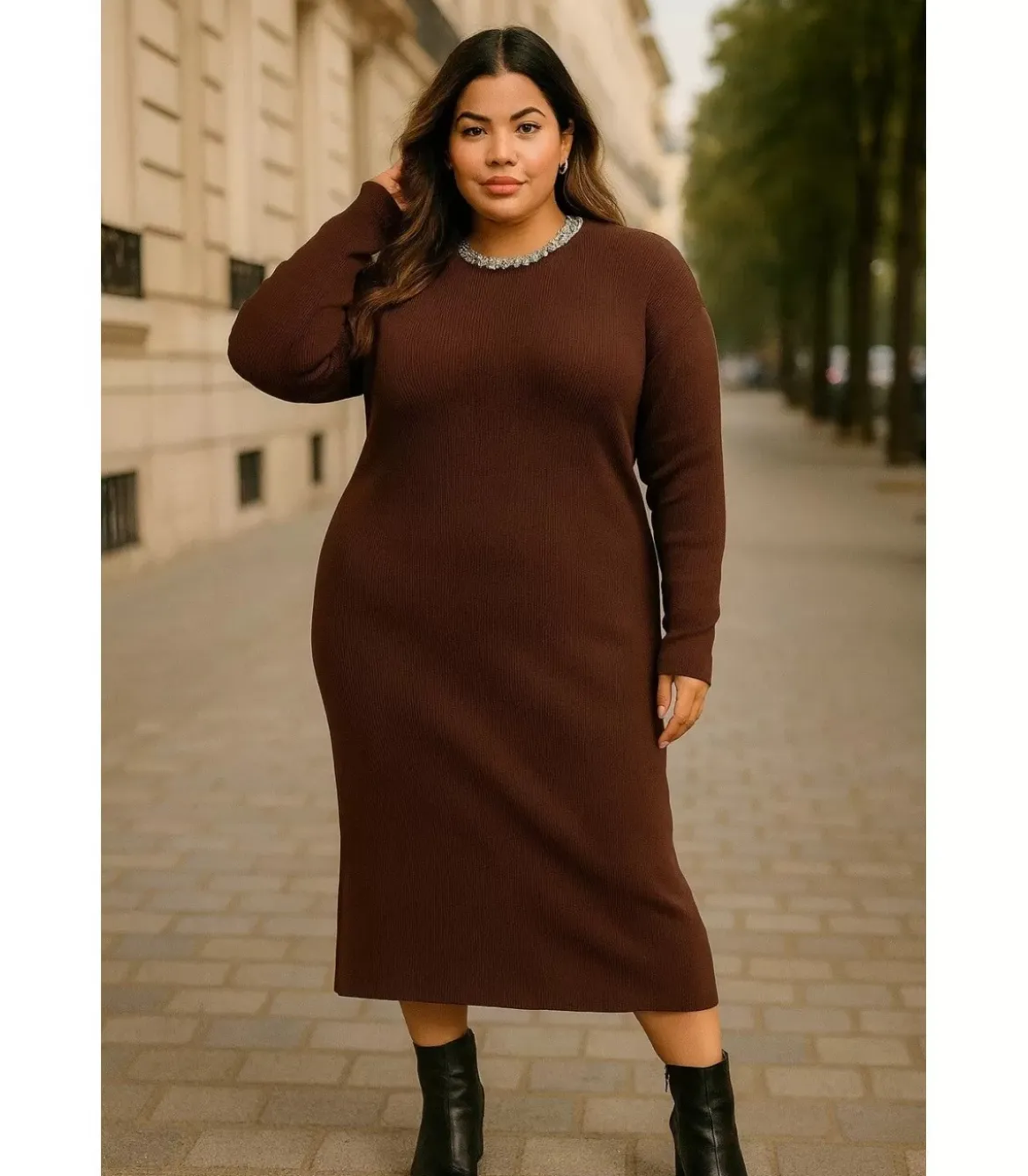 AmyClo ruskea neulemekko strassikauluksella (plus size)