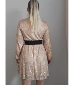Aprikoosi pitkähihainen wrap-look v-paljettimekko