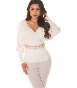 Beige koristeinen lepakkohihainen wrap-look v-neule