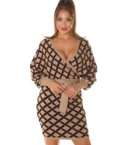 Beige kuviollinen lepakkohihainen wrap-look v-neulemekko