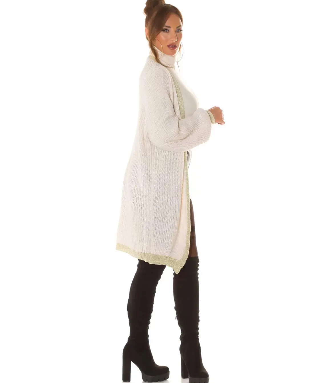Beige oversized pitkä villatakki tehostevärillä