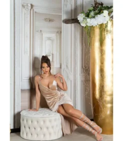 Beige samettilook wrap-look v-mekko ketjuolkaimilla