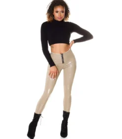 Beiget latex look housut vetoketjulla