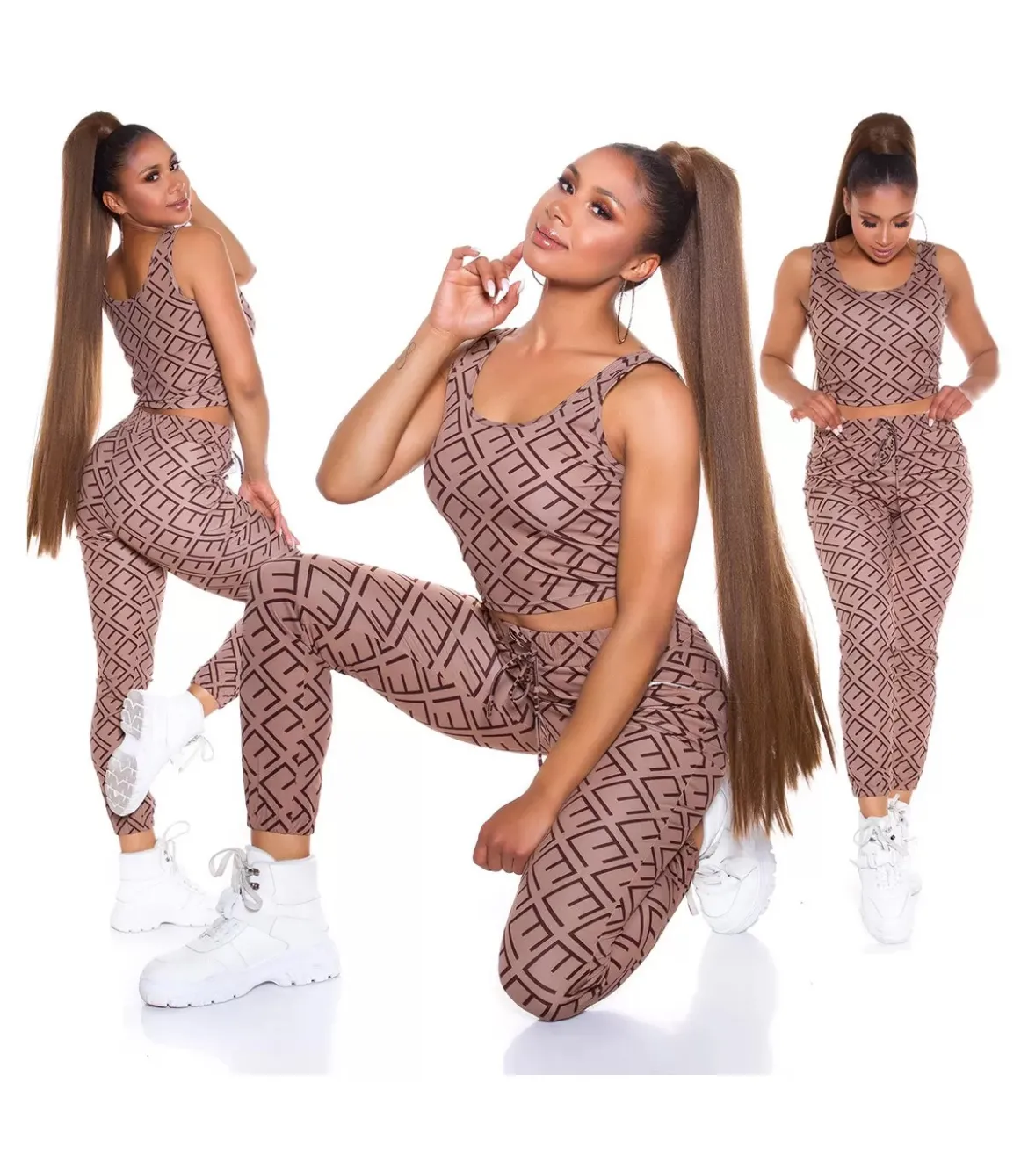 Cappuccino crop top printtikuvioinen joggerisetti