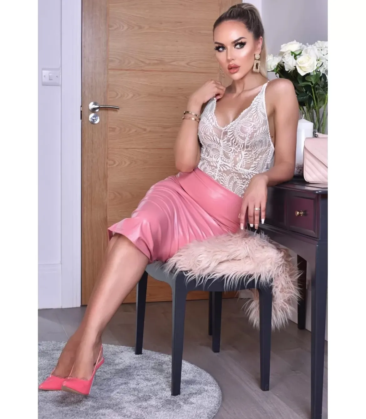 CW Kellie vaaleanpunainen wetlook midihame
