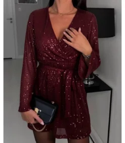 EB viininpunainen wrap-look v-paljettimekko vyöllä