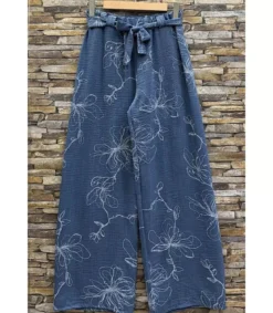 Elle Style Corine tummansiniset kuvioidut kesähousut vyöllä