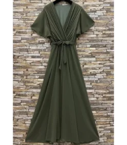 Elle Style Elise khaki pitkä juhlamekko vyöllä