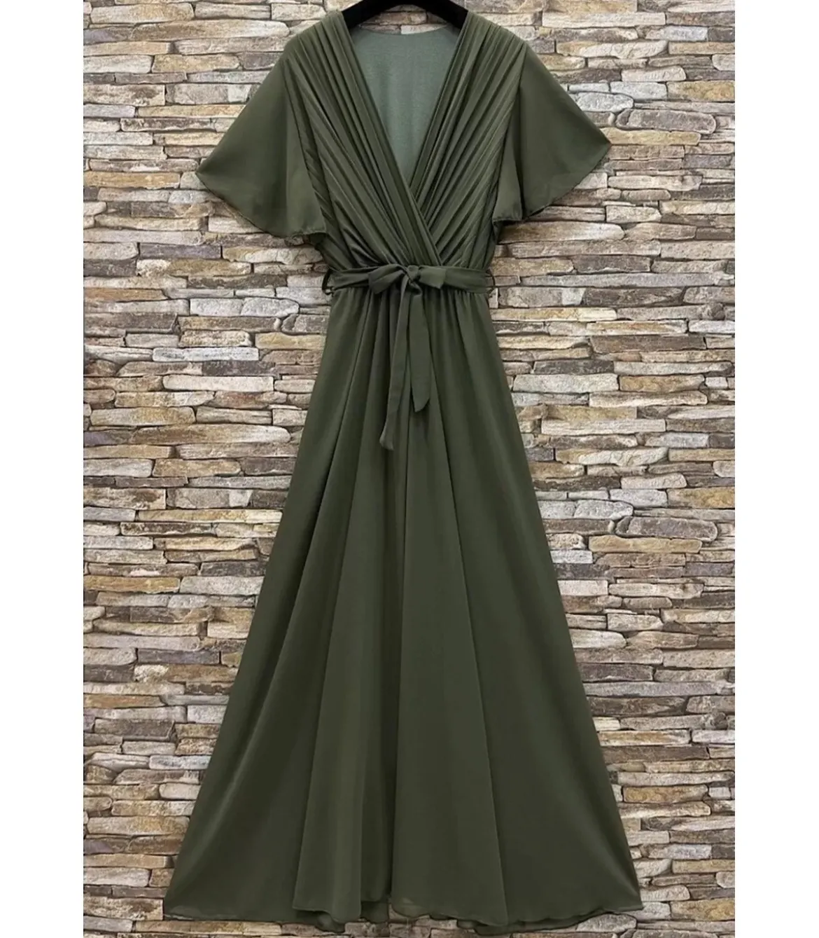 Elle Style Elise khaki pitkä juhlamekko vyöllä