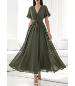 Elle Style Elise khaki pitkä juhlamekko vyöllä