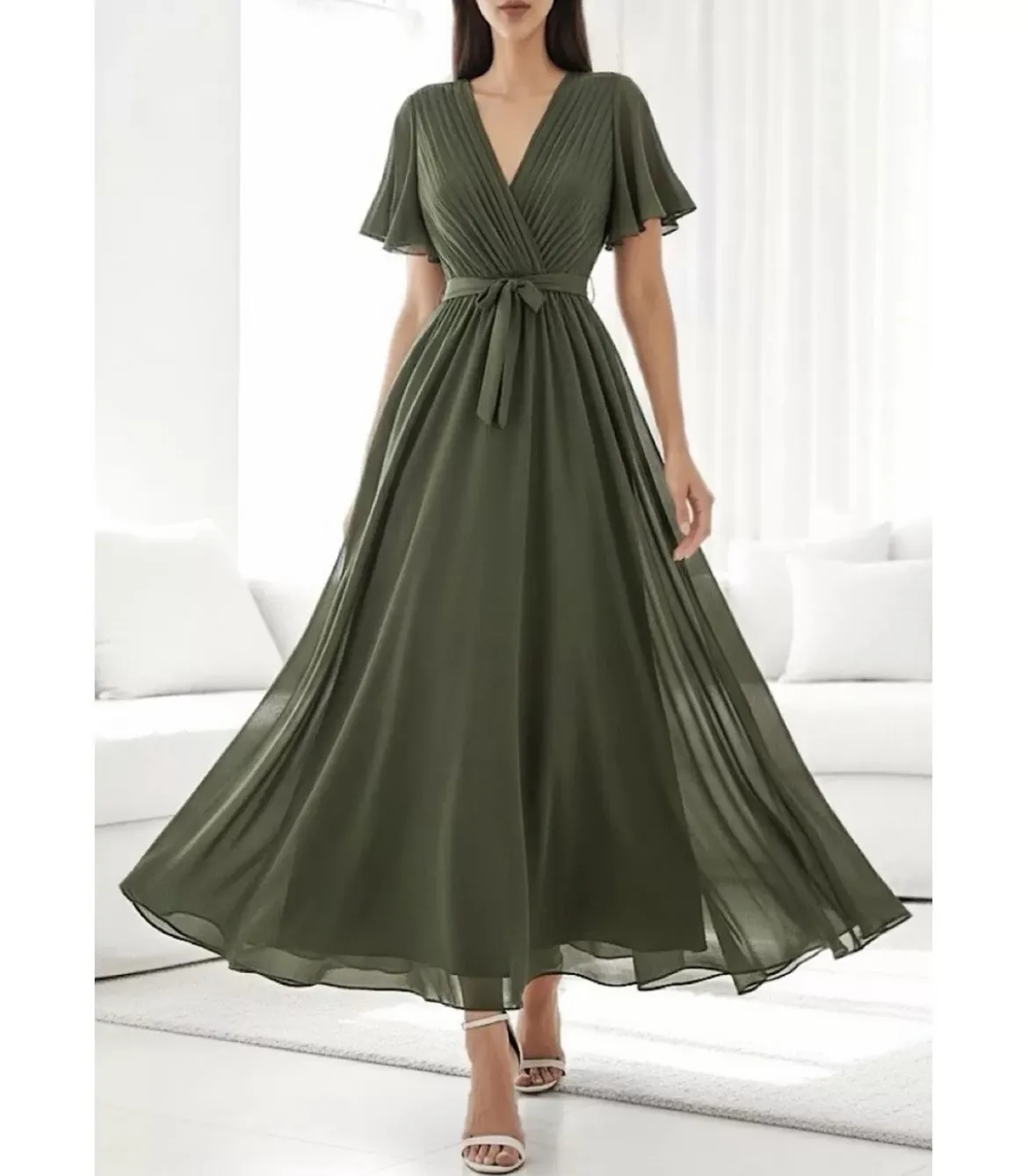 Elle Style Elise khaki pitkä juhlamekko vyöllä