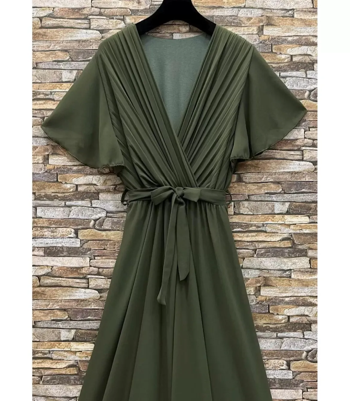 Elle Style Elise khaki pitkä juhlamekko vyöllä