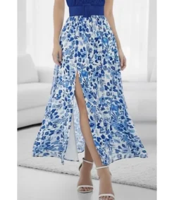 Elle Style Latina sininen kuviollinen maksihame halkiolla