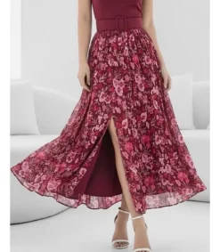 Elle Style Latina viininpunainen kuviollinen maksihame halkiolla