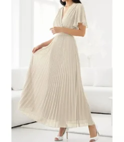 Elle Style Loriana lyhythihainen beige pitkä vekkimekko