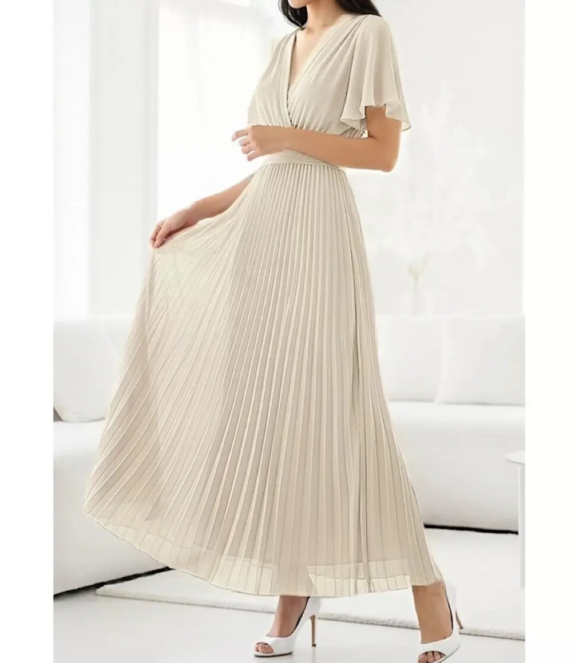 Elle Style Loriana lyhythihainen beige pitkä vekkimekko