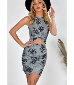 Harmaa lehtikuvioinen solmukoristeinen wrap-look mekko halkiolla