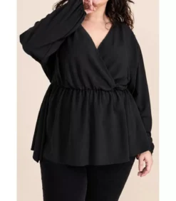 Kazaka musta pitkähihainen wrap-look v-paita (plus size)