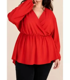 Kazaka punainen pitkähihainen wrap-look v-paita (plus size)