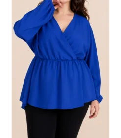 Kazaka sininen pitkähihainen wrap-look v-paita (plus size)