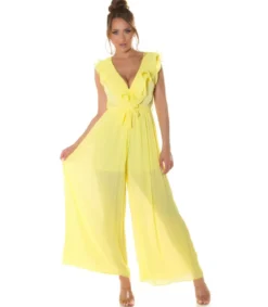 Keltainen v-röyhelöjumpsuit vyöllä