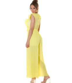 Keltainen v-röyhelöjumpsuit vyöllä