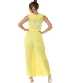 Keltainen v-röyhelöjumpsuit vyöllä