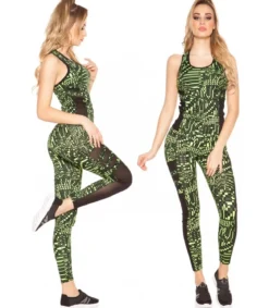 Keltaiset printtikuvioiset mesh treenitrikoot + toppi