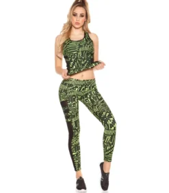 Keltaiset printtikuvioiset mesh treenitrikoot + toppi