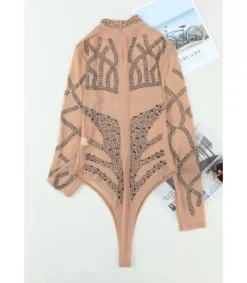 Khaki pitkähihainen strassikoristeinen mesh-body