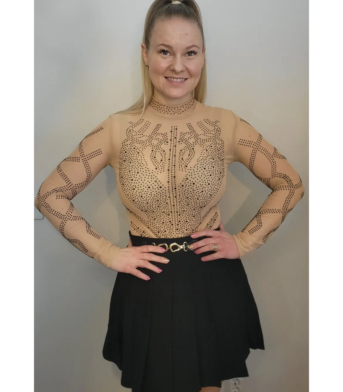 Khaki pitkähihainen strassikoristeinen mesh-body
