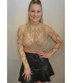 Khaki pitkähihainen strassikoristeinen mesh-body