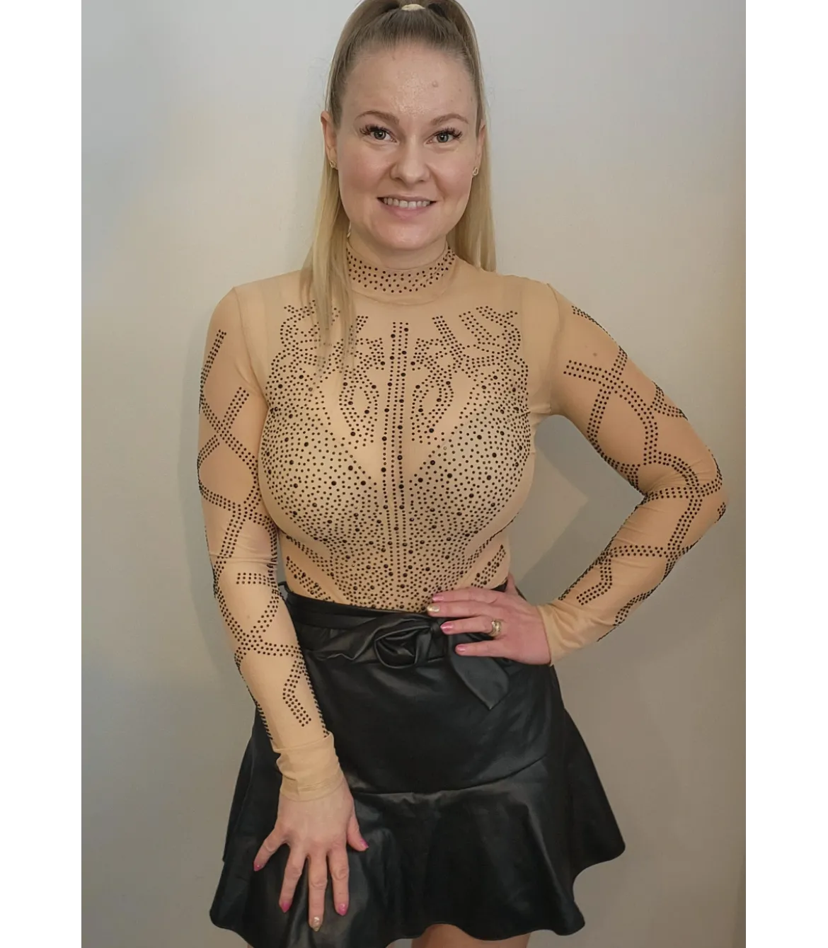 Khaki pitkähihainen strassikoristeinen mesh-body
