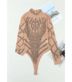Khaki pitkähihainen strassikoristeinen mesh-body