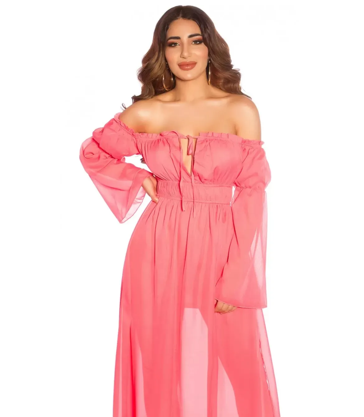 Koralli pitkähihainen off-shoulder mesh-maksimekko