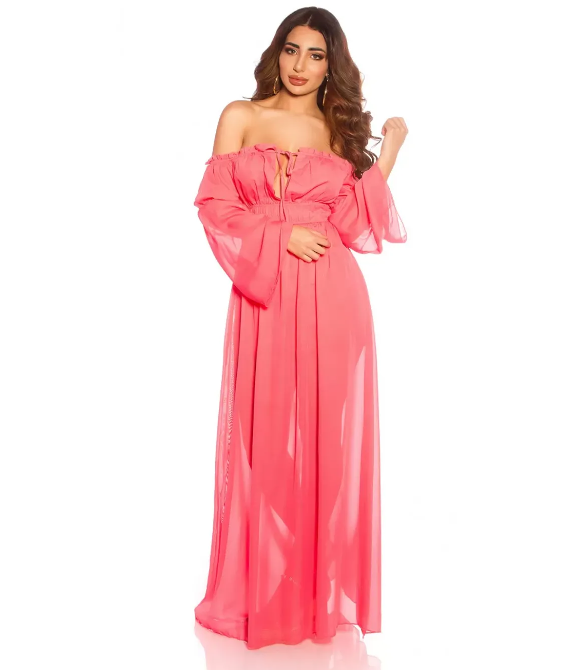 Koralli pitkähihainen off-shoulder mesh-maksimekko