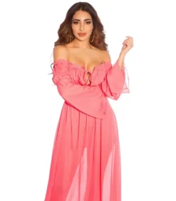 Koralli pitkähihainen off-shoulder mesh-maksimekko
