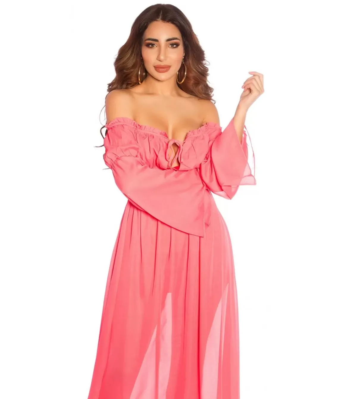 Koralli pitkähihainen off-shoulder mesh-maksimekko