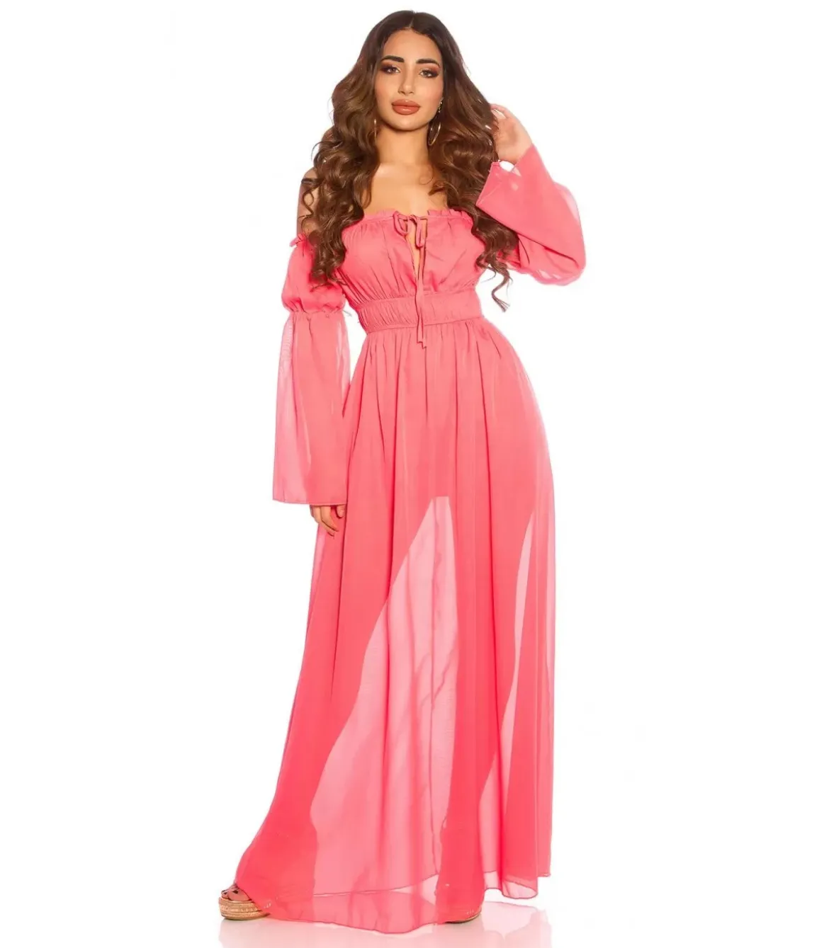 Koralli pitkähihainen off-shoulder mesh-maksimekko