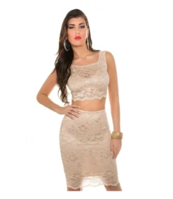 Koucla beige pitsinen lyhyt toppi + hame
