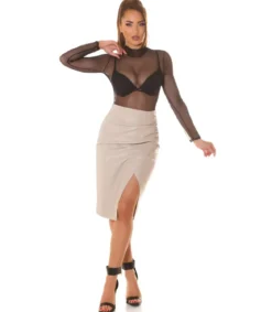 Koucla beige tekonahkainen korkeavyötäröinen wrap-look midihame
