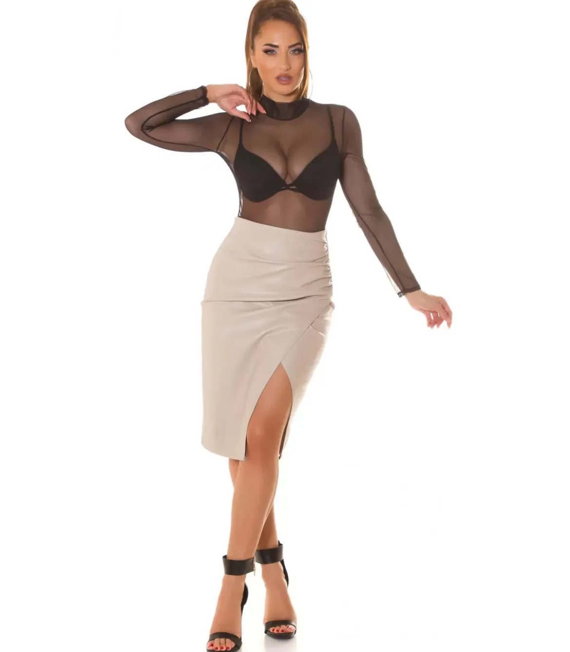 Koucla beige tekonahkainen korkeavyötäröinen wrap-look midihame