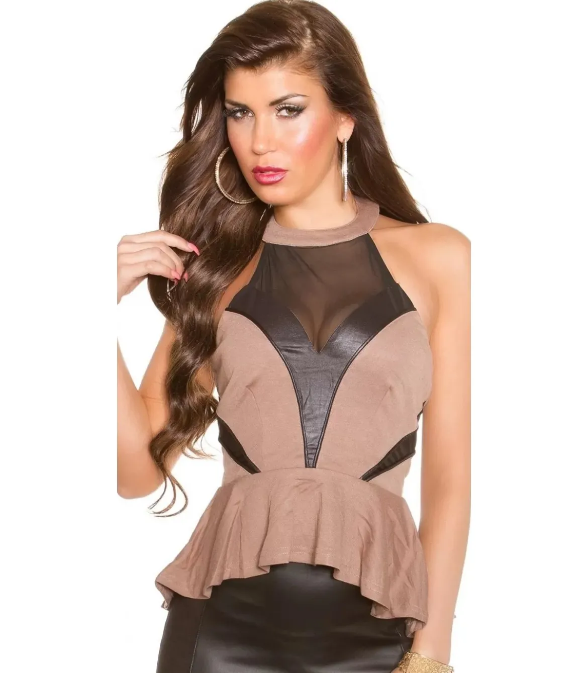 Koucla cappuccino mesh peplum-toppi