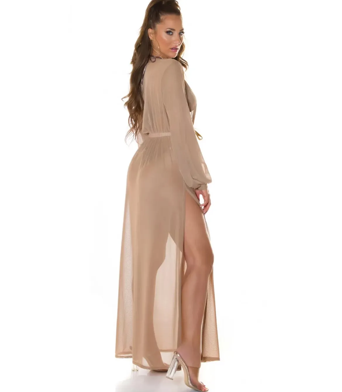 Koucla cappuccino pitkä mesh-kimono kultanauhoilla