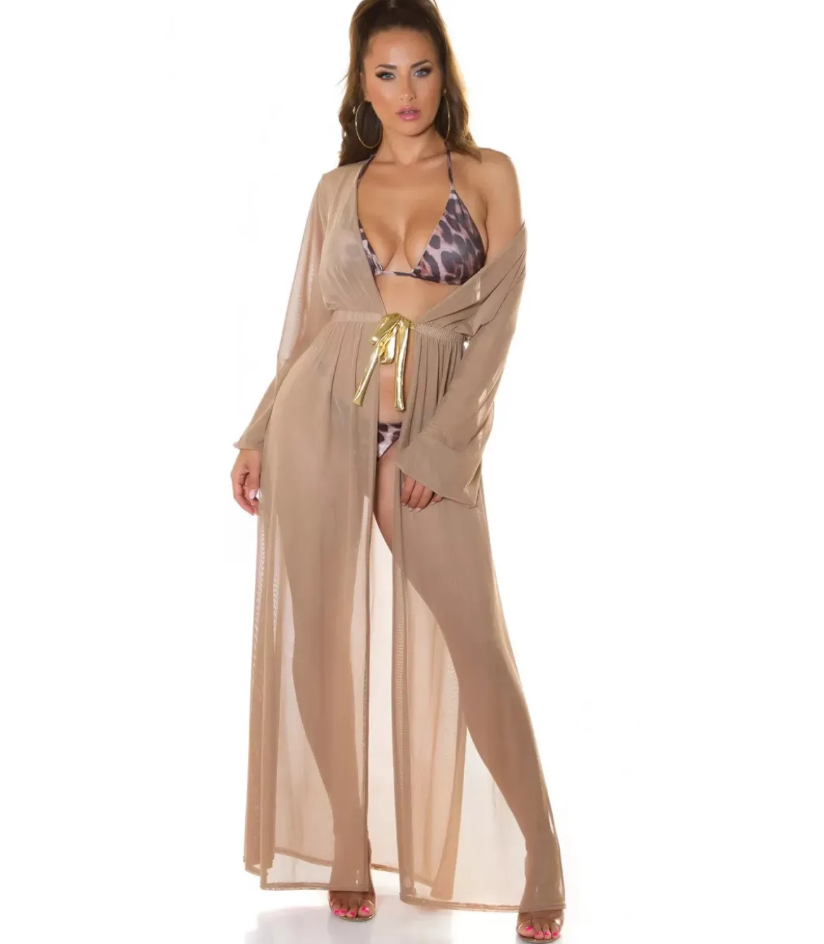 Koucla cappuccino pitkä mesh-kimono kultanauhoilla
