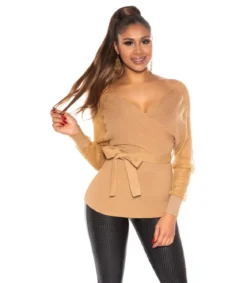 Koucla cappuccino pitsihihainen wrap-look v-neule vyöllä