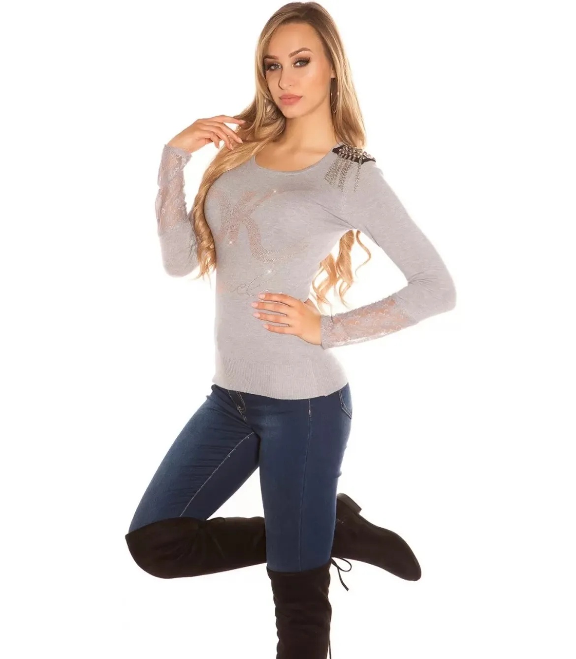 Koucla harmaa niittiketju neule