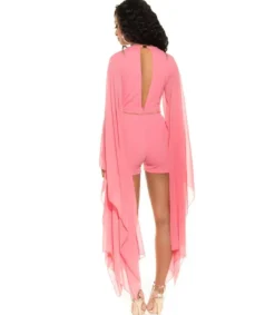 Koucla lohenpunainen playsuit sifonkihihoilla ja vyöllä