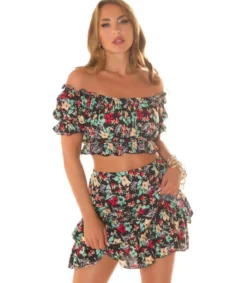 Koucla musta kukkakuvioinen off-shoulder hamesetti