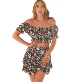 Koucla musta kukkakuvioinen off-shoulder hamesetti
